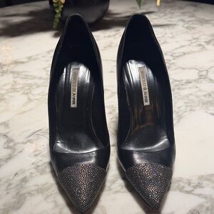 Manolo Blahnik “Crystabi” Black Leather Pointed Toe Pumps with Crystal Cap